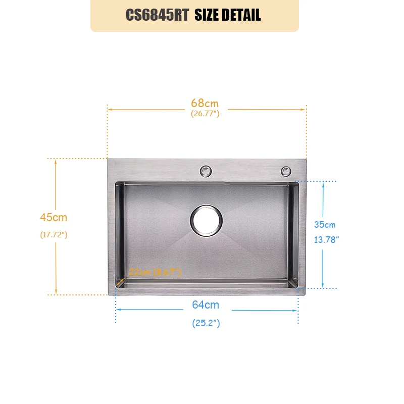 68*45 см Φ большой размер topmount одна чаша Ручная работа емкость для воды кухонный