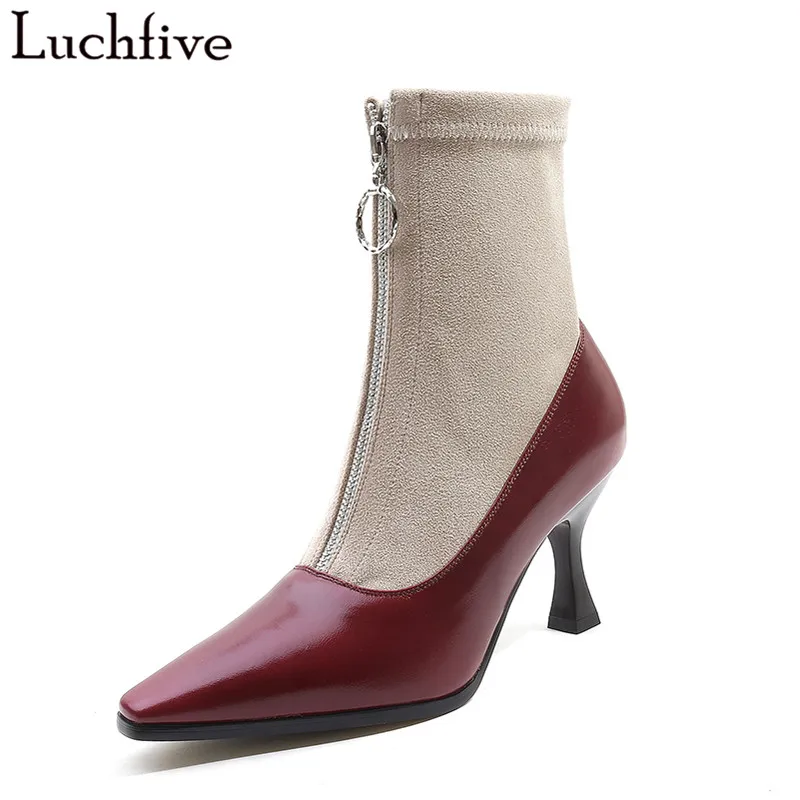 

8 cm high heels Stretch Fabric Women Botas patchwork Ankle Boots genuine leather sock Shoes Woman Botines Mujer zipper Pumps
