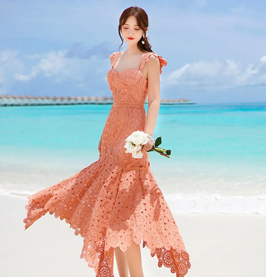 HAMALIEL Women Orange Irregula Lace Dress Runway Summer Halter Strapless Bodycon Long Dress Sexy Hollow Out Crochet Beach Dress