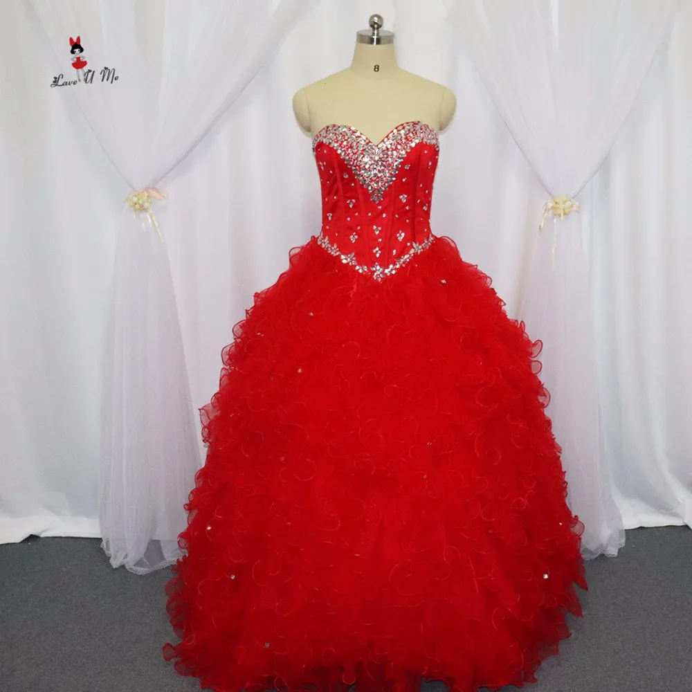 Vestidos De Quinceaneras дешевые бирюзовый Красный Бальные платья с кристаллами куртка оборками платье для 15 лет