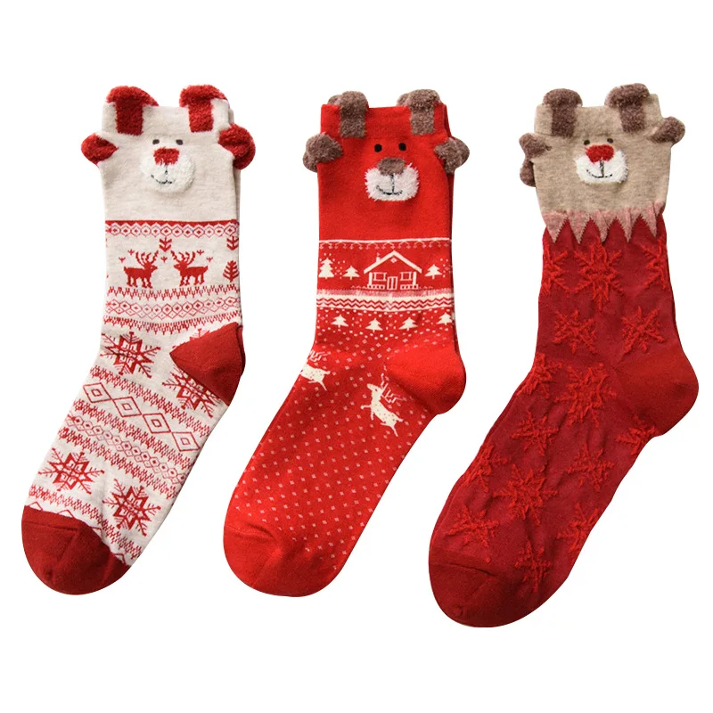 

3 Pairs Christmas Theme Women Short Sock Beautiful Cute Red Elk New Year Woman Socks Autumn Winter Comfortable Cotton Sock Meias