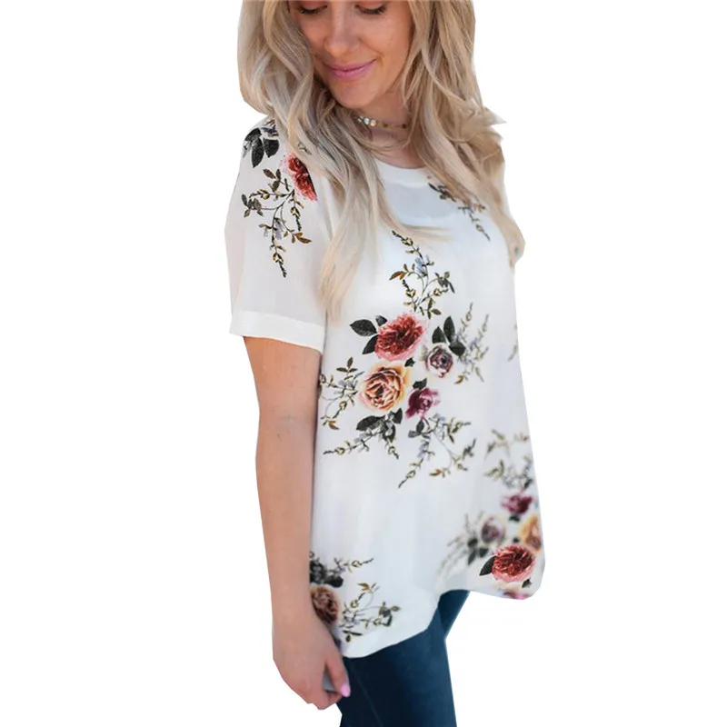 

Women Tops And Blouse Flower Print Cute Graphic Kpop Blouses O-neck Short Sleeve Casual Harajuku Plus Size Vintage Shirt Blouses