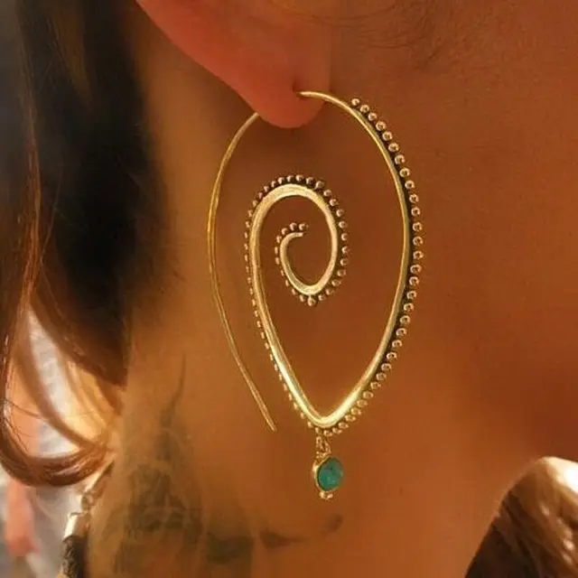 Gereit Unique Earrings Gold Circle Gear Spiral Loop Earring Gereit Unique Earrings Gold Circle Gear Spiral Loop Earring Korean Green Crystal Waterdrop Hoop