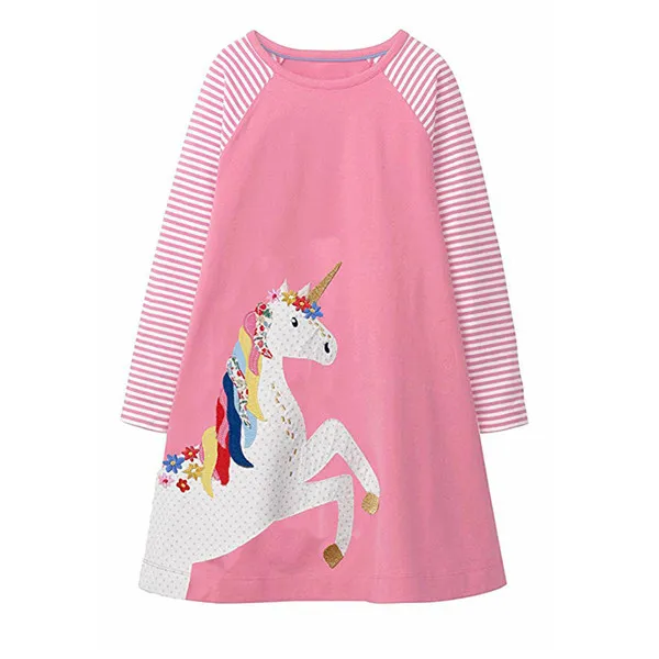 Jumping meter/новое платье с единорогом для маленьких девочек с аппликацией в виде животных; платье принцессы с длинными рукавами; Детский костюм; Детские праздничные платья - Цвет: T7767 pink unicorn