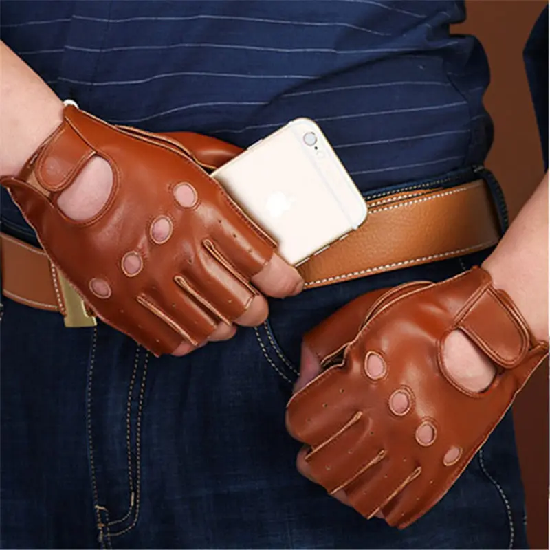 Semi-Finger Genuine Leather Gloves Male Summer Thin Breathable Driving Anti-Slip Fitness Half Fingers Goatskin Gloves NAN7