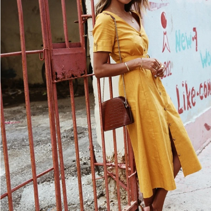 Women Summer Striped Dress Woman Sexy V-neck Short Sleeve Belt Dress Ladies Mid-calf Button Dress Holiday Boho Dresses Sundress