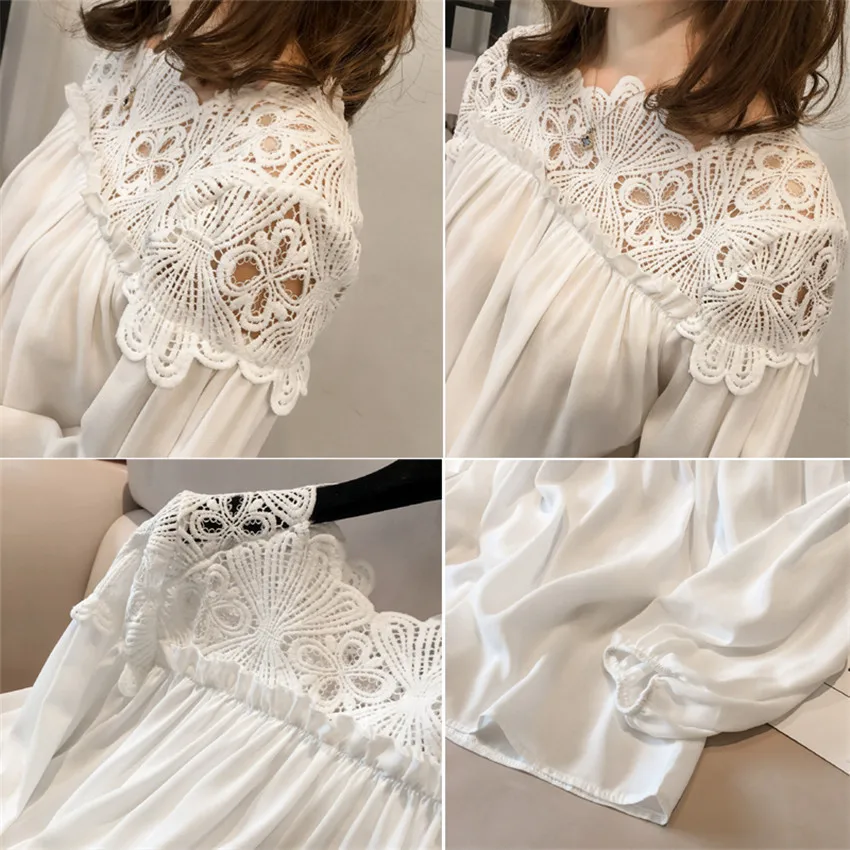 Women Chiffon Blouse Tops Spring Autumn Loose White Lace Blouses Female Long Sleeve Shirt Hollow Out OL Shirts Plus Size AB724 6