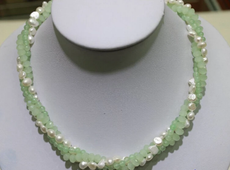

huij 003265 3 strand 6mm Green Crystal &white Freshwater pearl necklace 17.5"Alloy handmade