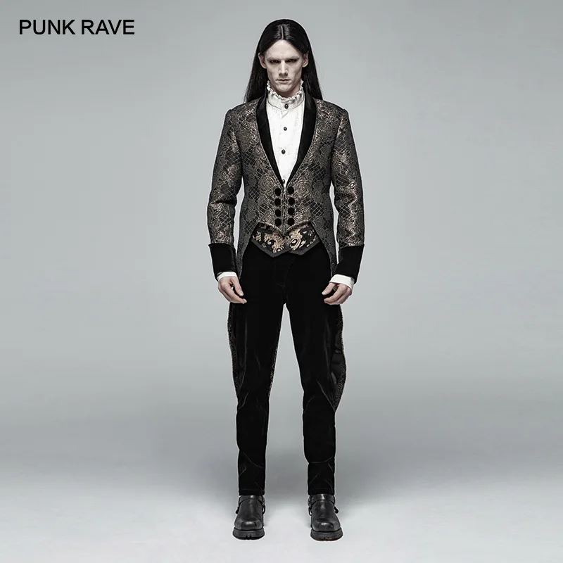 

PUNK RAVE New Men's Two Colors Gothic Visual Kei Medium Length Jacquard Jacket Button Decoration Party Dress Coat Mens Jackets