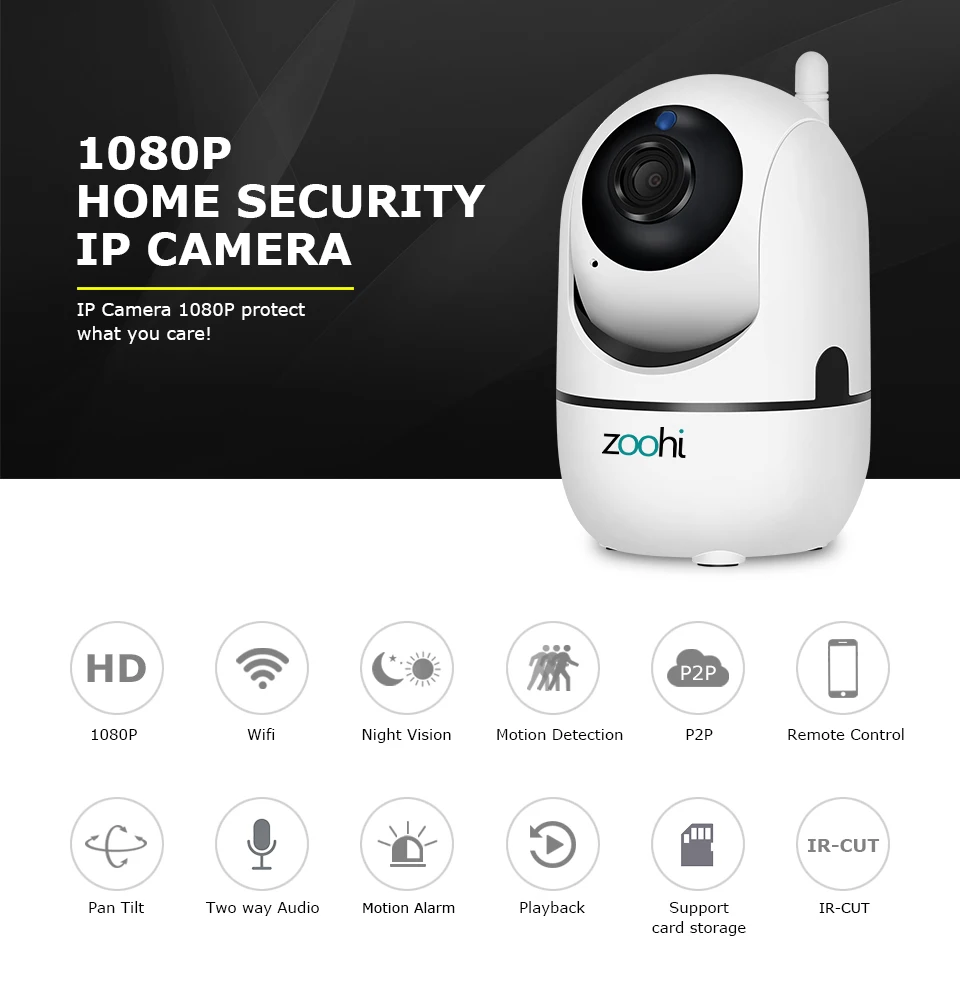 Zoohi HD IP камера 1080 P, беспроводная камера для хранения, для дома, для безопасности, для наблюдения, ИК, ночное видение, сеть, умный, для помещений, Wifi, камера с автоматическим отслеживанием