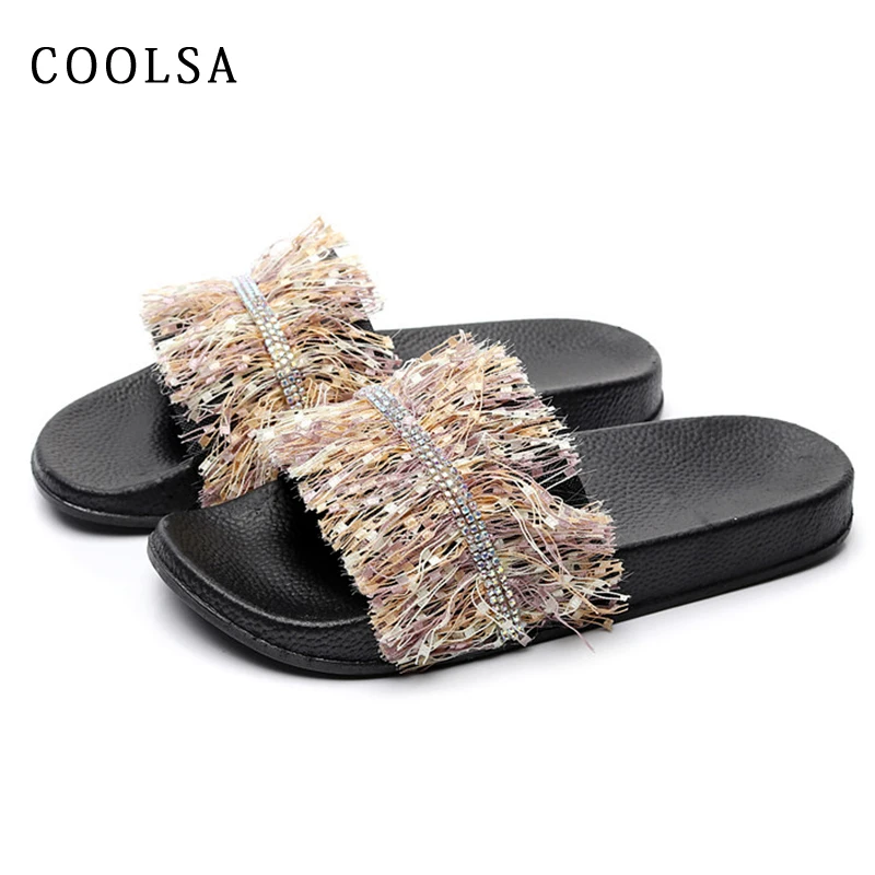 

New Summer Diamond Women Slippers Fringe Sexy Beach Sandals Fur Slides Non Slip Home Flip Flops Casual Flat Comfortable Shoes