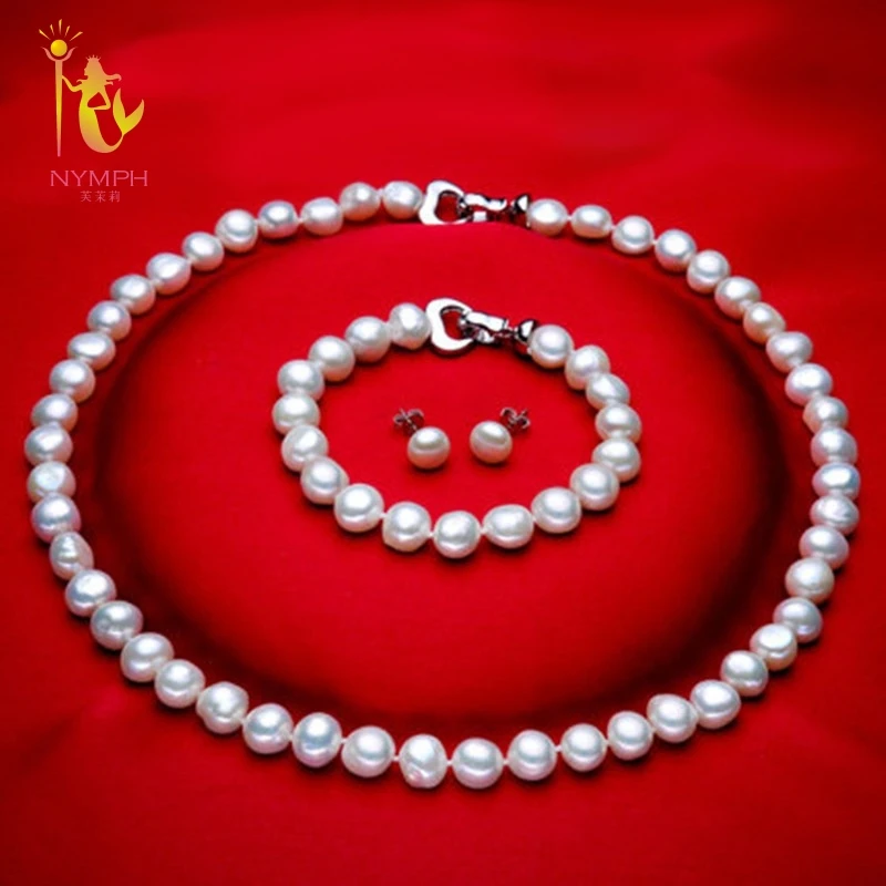 

[NYMPH] Genuine Baroque Pearl jewery sets natural freshwater pearl necklace bracelet earrings 8-9mm fine jewelry [t1010]