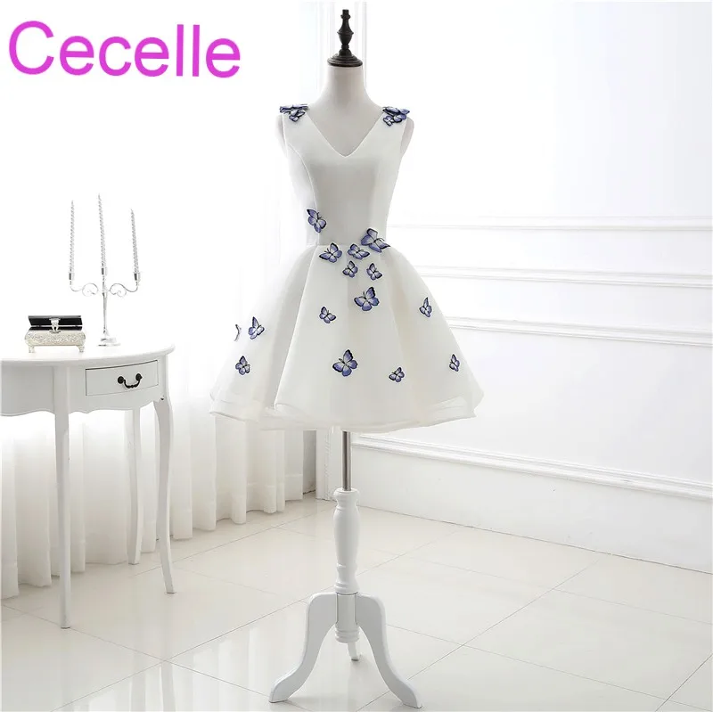 ivory cute short cocktail dresses with butterfly v neck sleeveless