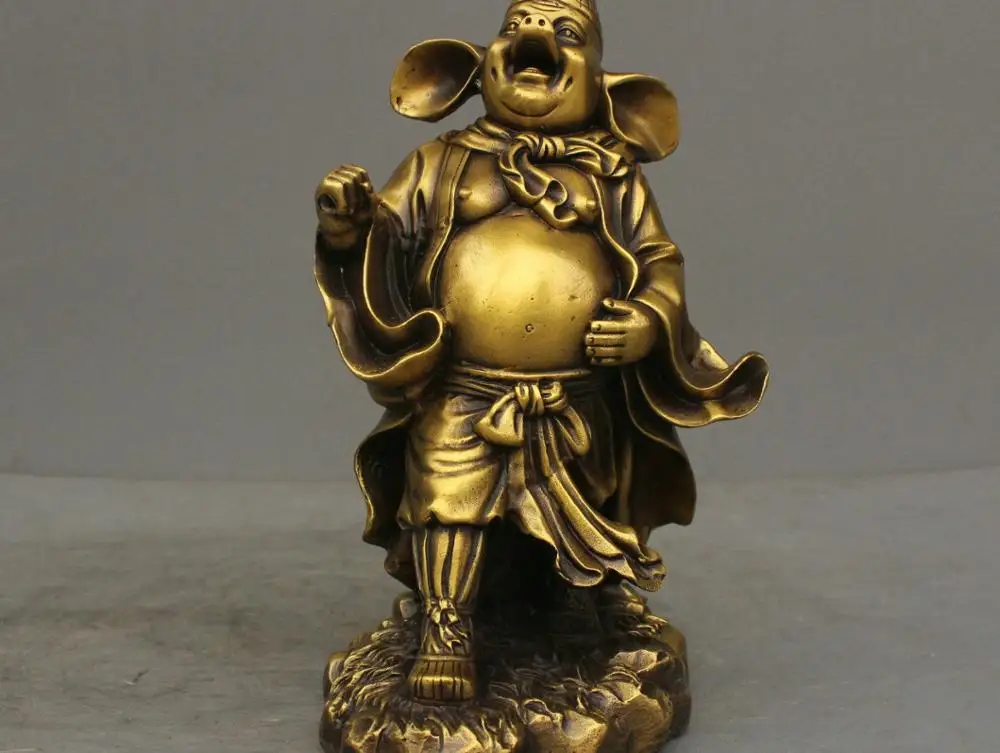 

9'' China Mythology Pig Man Monk Warrior God Zhu Bajie Pure Bronze Statue