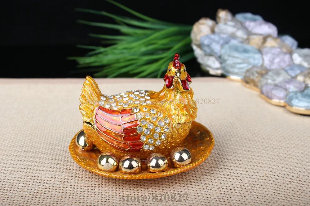 

Bejeweled Rooster Chicken Statue Trinket Jewelry Box Golden Eggs & Chicken Box Crystals Jewelry, Trinket or Pill Box Frame
