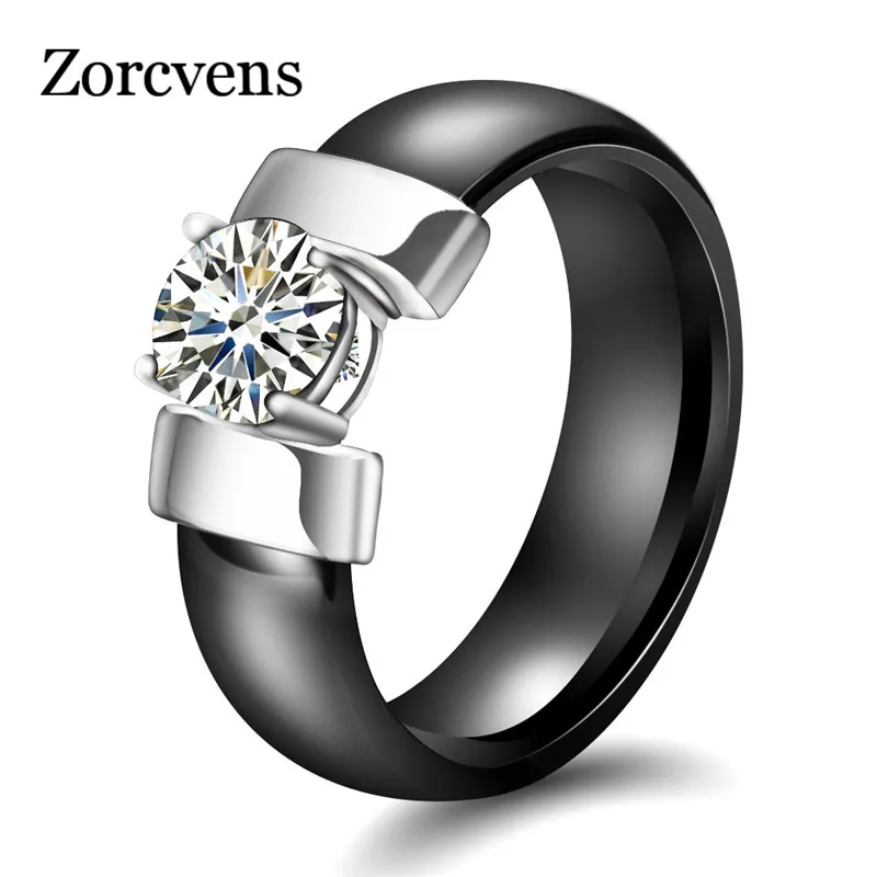 Modyle 6mm White Black Ceramic Rings Plus Big Cubic Zirconia For Women Stainless Steel Women Wedding Ring Engagement Jewelry