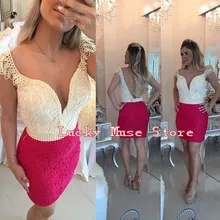 Kurze weiße und rosa Cocktailkleider mit Kappen-Hülsen Perlen Mermaid Frauen Party Kleider Robe De Cocktail