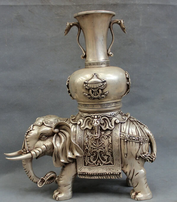 

song voge gem S5426 17" Chinese Silver Folk Elephant Zun Statue 8 Auspicious Symbol RuYi Pot Vase