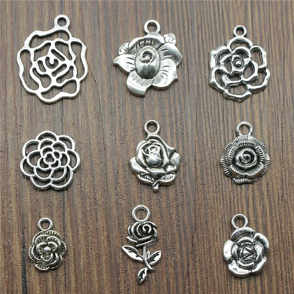 

15pcs/lot Flower Charms Antique Silver Color Rose Flower Charms Pendants For Bracelets Flower Rose Charms Making Jewelry