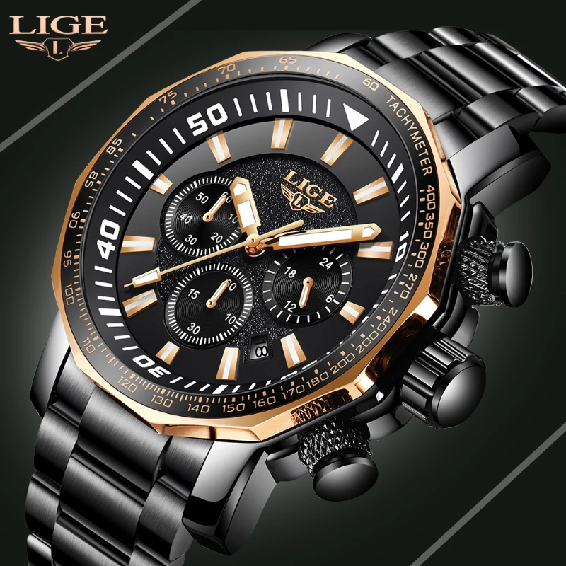 

LIGE Men Watch Top Luxury Brand Chronograph Business Quartz Clock Sport Waterproof Big Dial Military Male Watch Relojes Hombre
