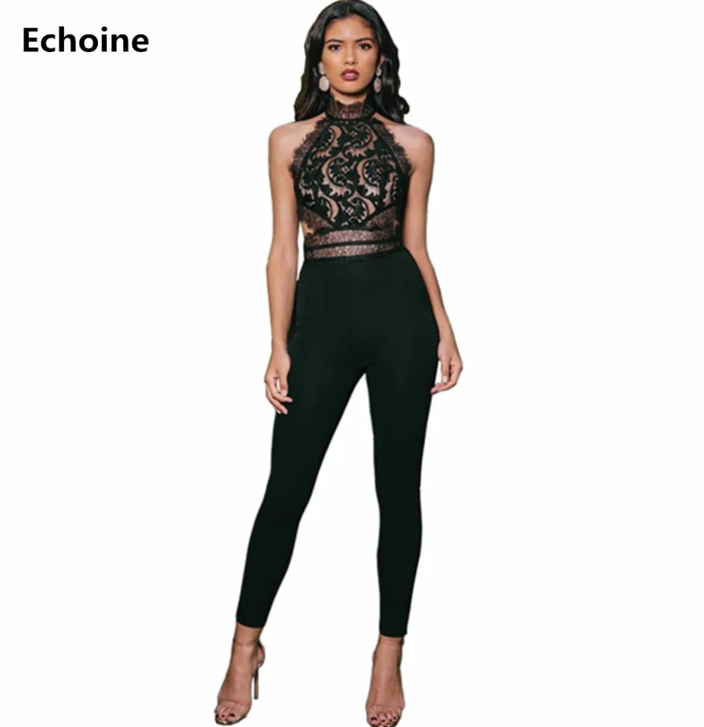 

Summer Women Sexy Club Jumpsuit Outfit Lace Hollow Out Halt Rompers Jumpsuit Skinny Sheath Elegant Party Playsuit Overalls 2019