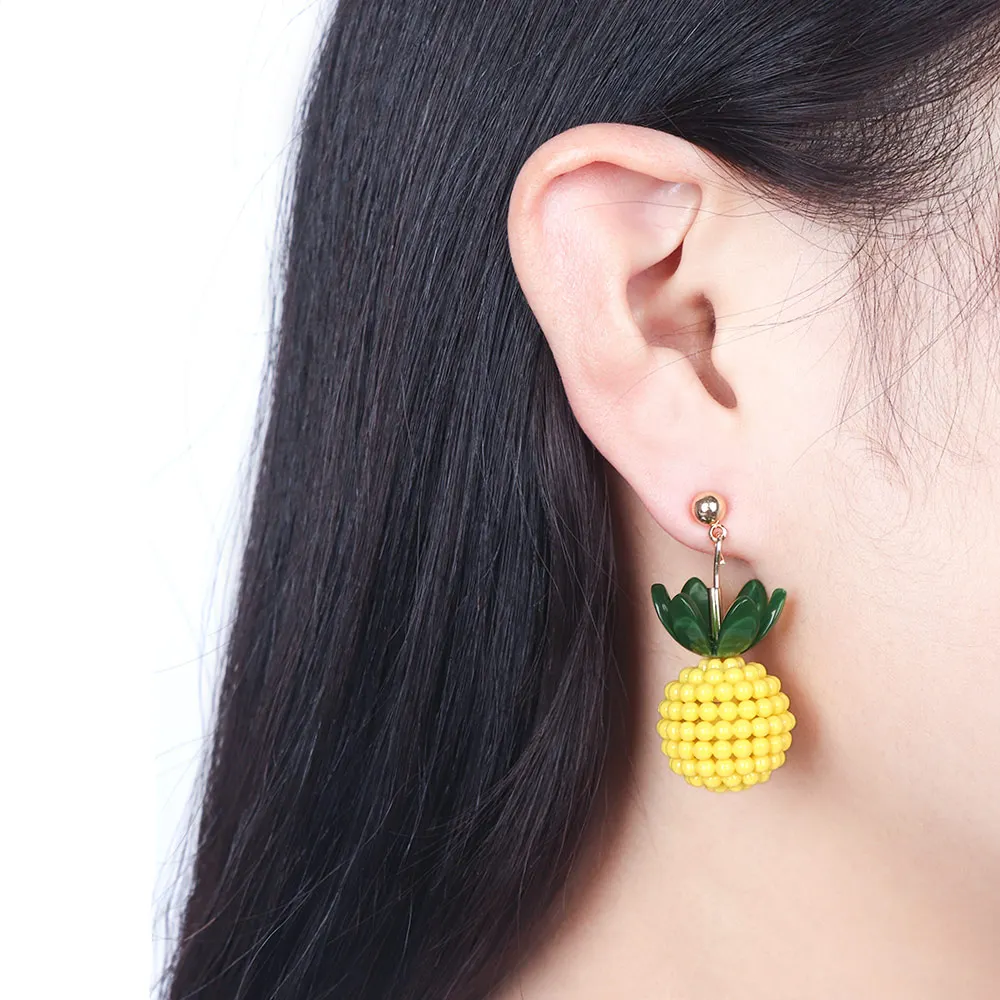 1 pair Lovely Candy Color Beaded Pineapple Ball Leaf Drop Dangle