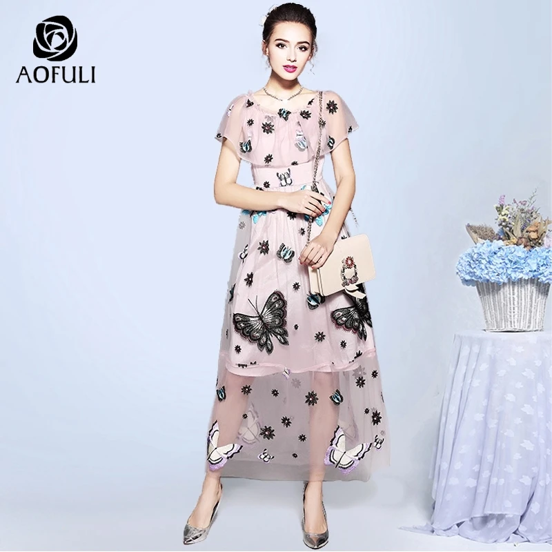 

M/L/XL Flower Butterfly Embroidery Party Dress Plus Size Summer Cloak Sleeve Tulle Maxi Long Formal Dress AOFULI B5622