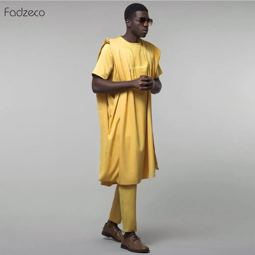 Fadzeco Agbada 2019 Мужская африканская вышивка Дашики желтый Дуду топ с коротким рукавом