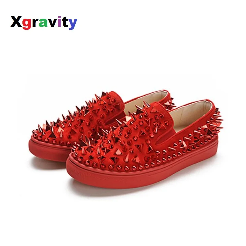 

Xgravity New Autumn Fashion Women Casual Loafers Elegant Tri-angle Rivets Woman Flat Shoes Round Toe Lady Fashion Footwear C005