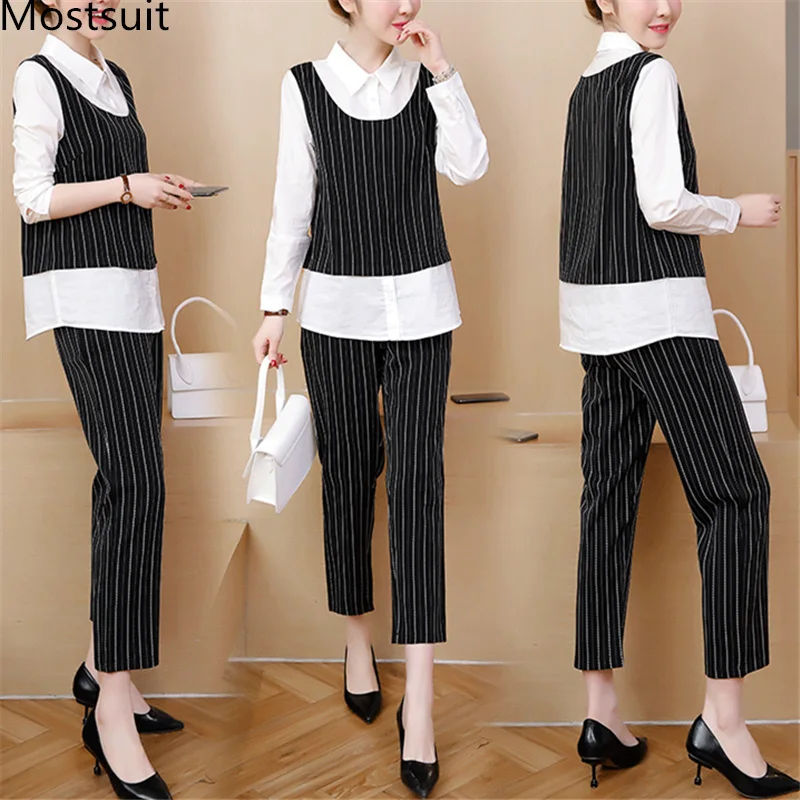 

Spring Plus Size Striped Two Piece Sets Women Fake Two Pieces Shirts And Cropped Pants Suits Office Elegant Women's 2 Piece Sets