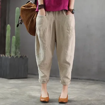 

Casual 2019 Spring Summer Cotton Linen Pants Elastic Waist Pockets Loose Pants Fashion Solid Ankle Length Women Pants