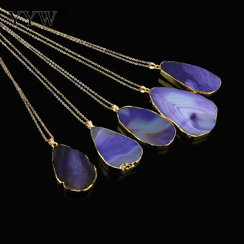 Модное ожерелье с подвеской из натурального камня для женщин и мужчин, ювелирное изделие 35 мм, цветные Агаты, срез с золотым наполнителем, длинная цепочка, колье для женщин - Окраска металла: purple
