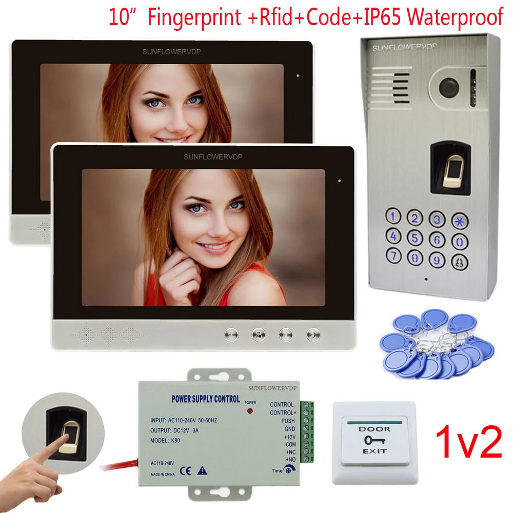 

IP65 Waterproof Video Door Phone Fingerprint Rfid Keypad Doorbell With Camera 2 Units 10 Inches Color Monitor Intercoms Kit 1v2