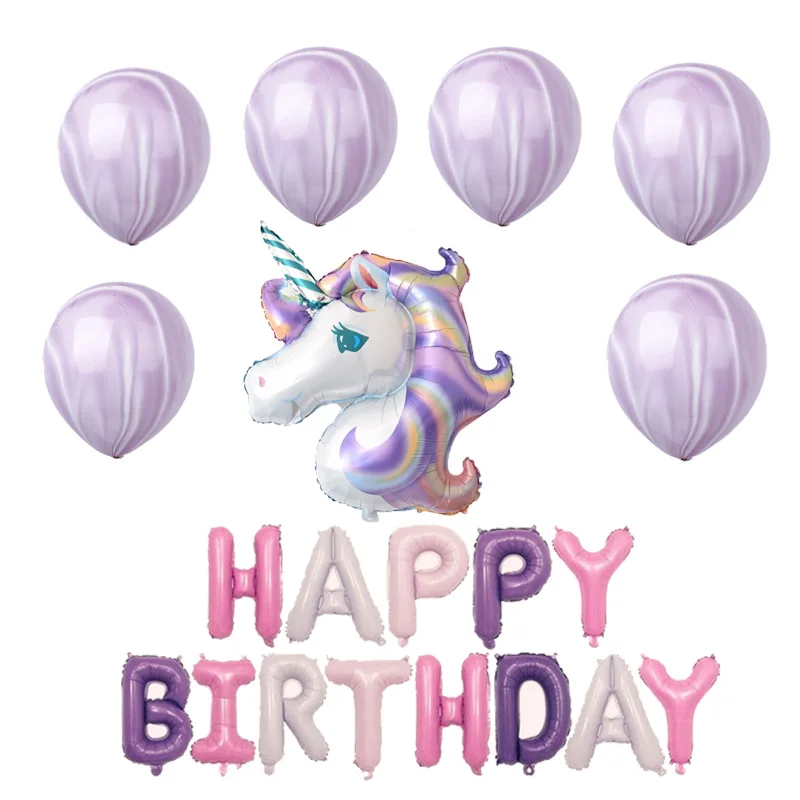 20pcsset unicorn balloon with happy birthday letter marble balloons