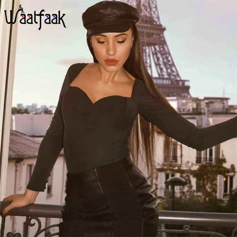 

Waatfaak Elegant Square Collar Long Sleeve Bodysuit Basic Solid Black Body Autumn Winter Casual Bodysuits Women Bodycon Romper