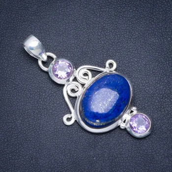 

Natural Lapis Lazuli and Amethyst Handmade Unique 925 Sterling Silver Pendant 1.75" A0278