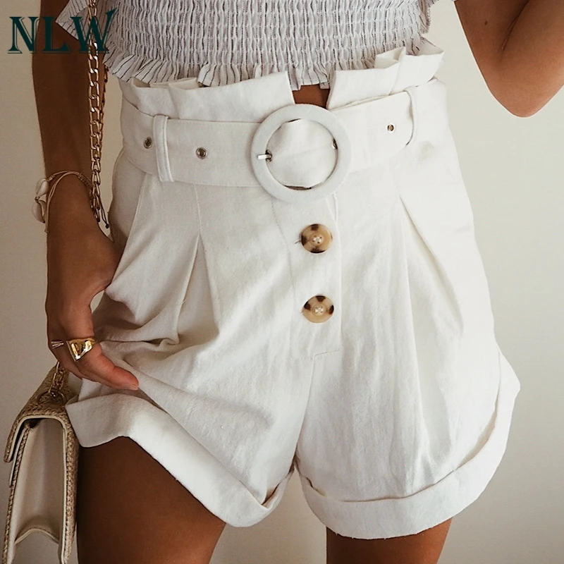 NLW Casual Solid White High Waist Ruffle Women Shorts