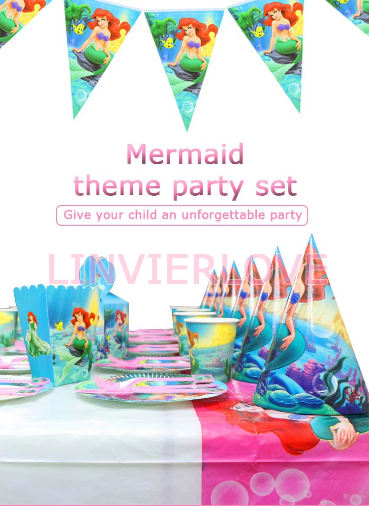 Вечерние бумажные тарелки с изображением русалки, баннеры, коробки для конфет для детей на день рождения, одноразовые столовые приборы, наборы детских принадлежностей для свадьбы