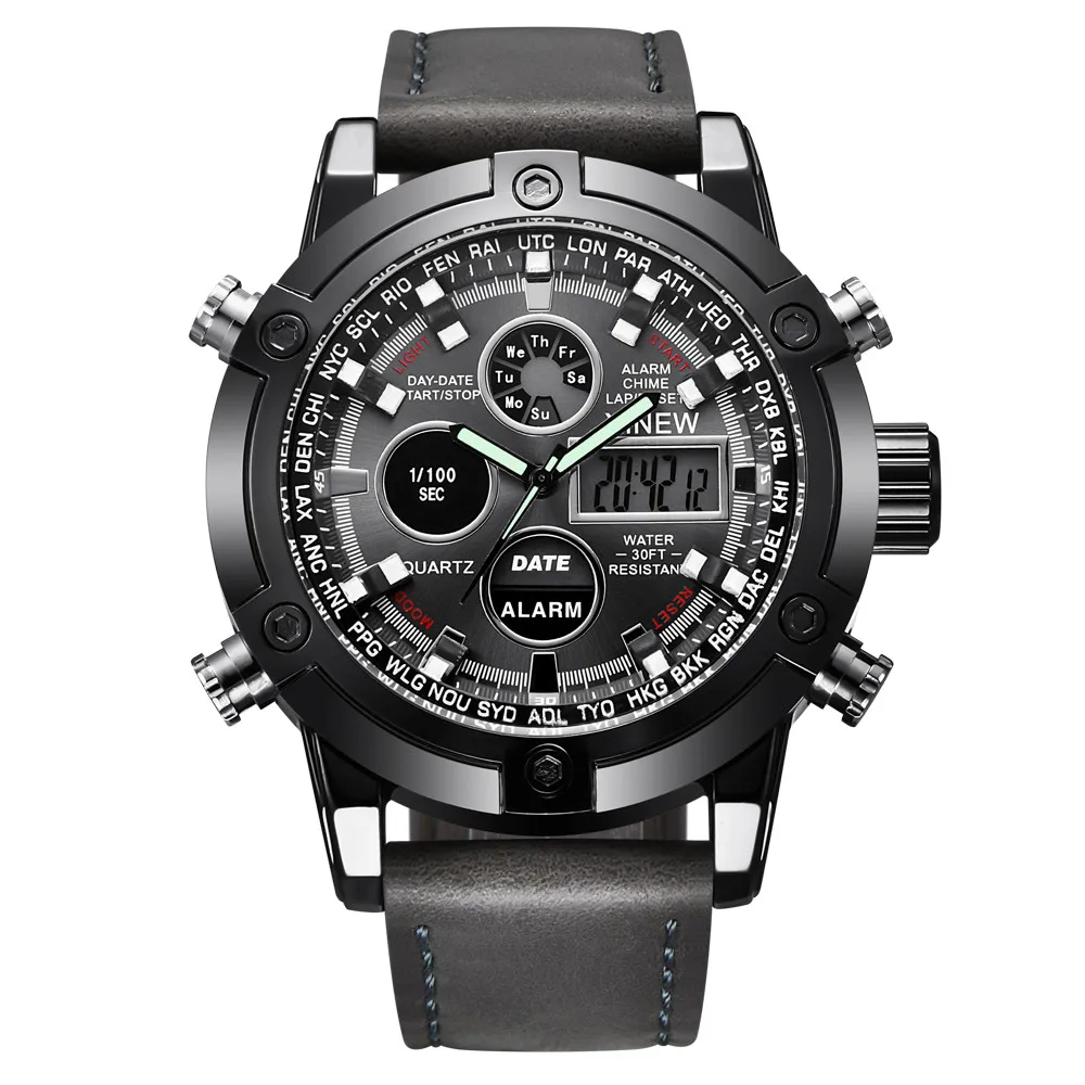 Мужские часы роскошные кожаные кварцевые аналоговые светодиодные спортивные часы мужские s Военный стиль водонепроницаемые часы Relogio Digital Esportivo