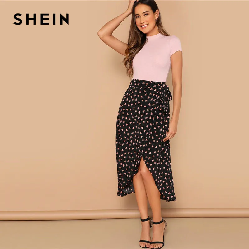 SHEIN Асимметричная Юбка С Принтом И Узлом Женская Летняя Богемная Юбка С Поясом