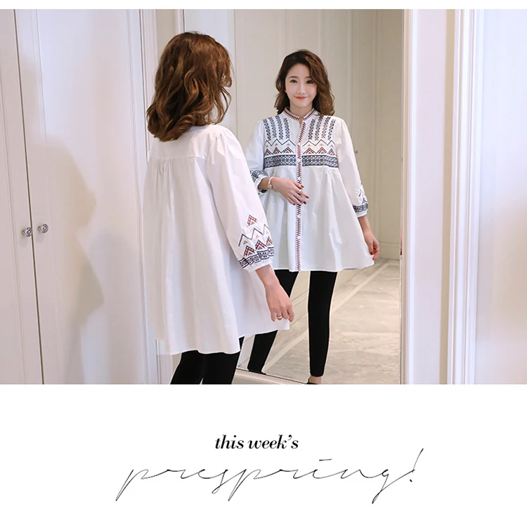 new loose embroidery pregnant women shirts plus size long sleeve v-neck single breasted cotton blouses maternity mini dress