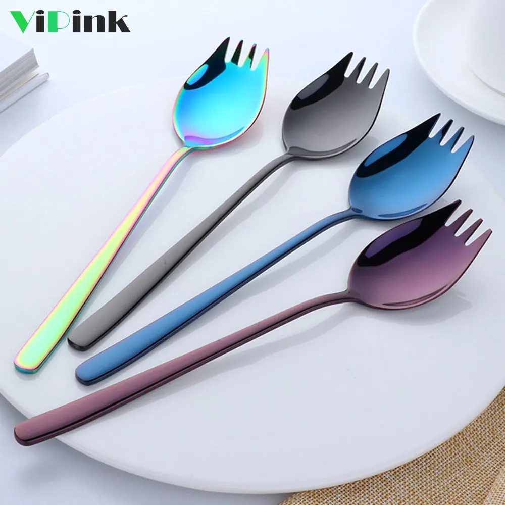 2Pcs Stainless Steel Colorful 2 In 1 Spoon & Fork Creative Cat Claw Dual purpose Noodle Fork