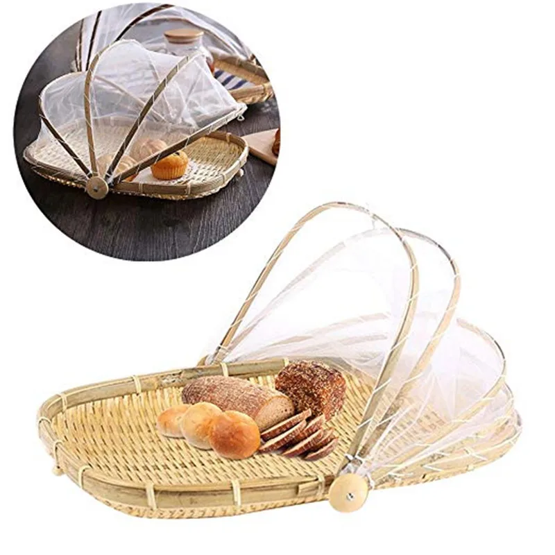 

Prevent Mosquitoes Handmade Bamboo Woven Bug Proof Wicker Basket Dustproof Picnic Fruit Tray Food Bread Dishes Cover With Gauze