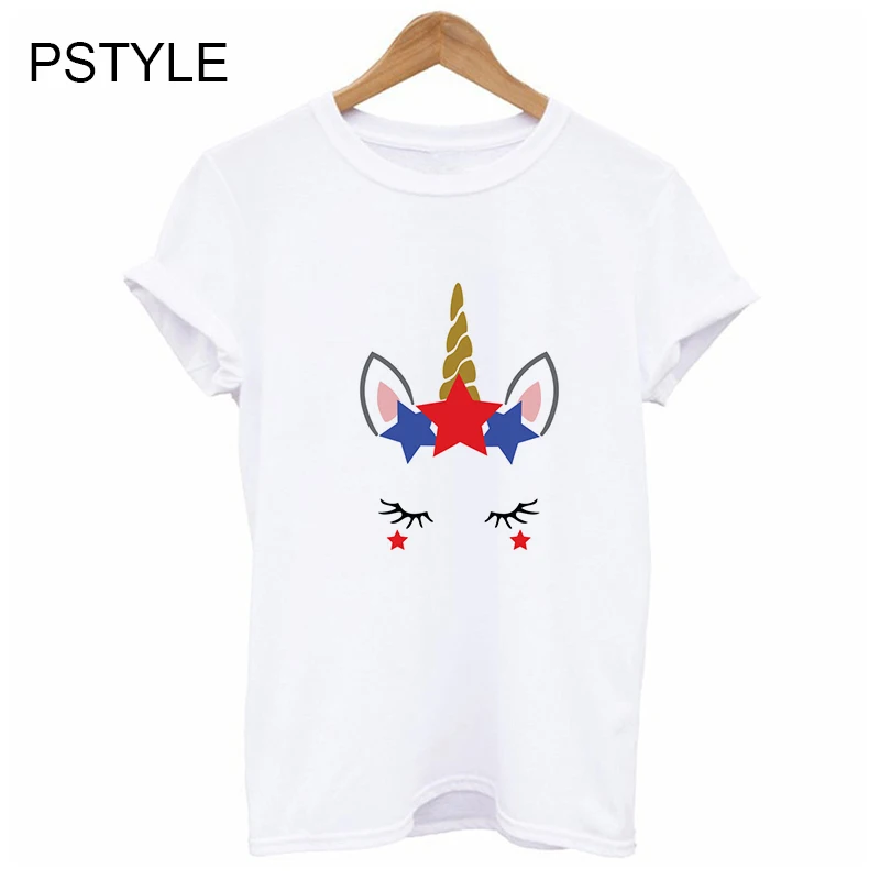 

Unicorn Face Print Women's T Shirt Partriotic Unircorn 4th of July Funny T Shirts Summer Short Sleeve Female White Tee Tops