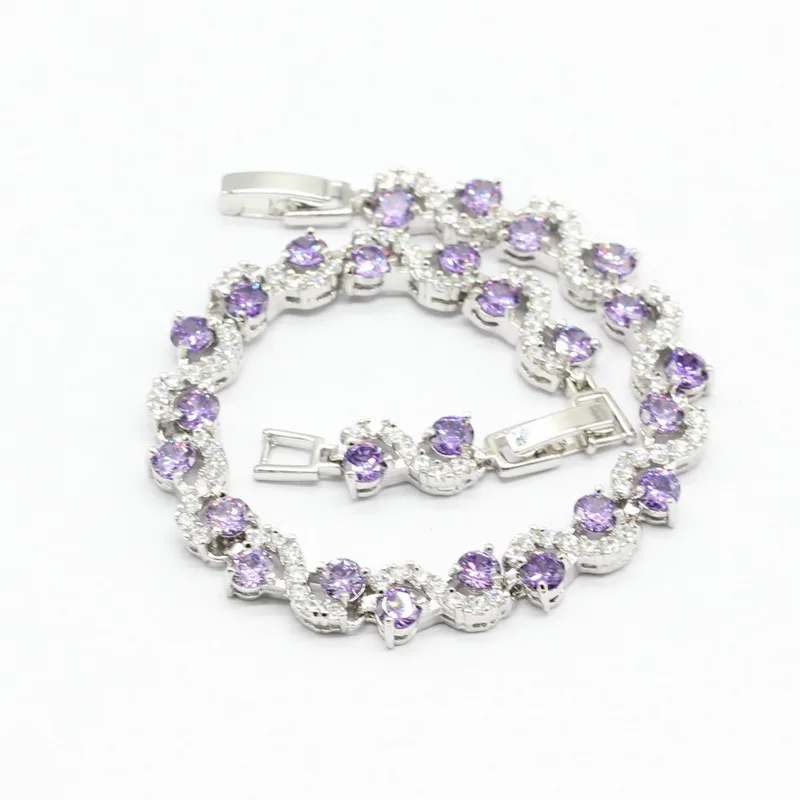 Фиолетовый кубический циркон 925 серебряные свадебные комплекты украшений для женщин серьги браслет кольца ожерелье кулон