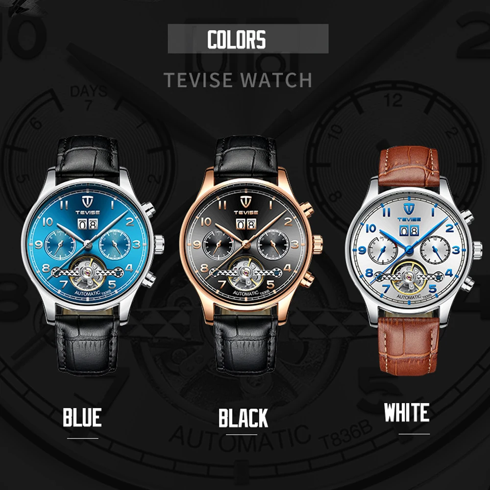 2019 Tevise الساعات الرجال Relogio Automatico الميكانيكية ووتش توربيون الهيكل العظمي جلد طبيعي العسكرية Wristwathes Masculino
