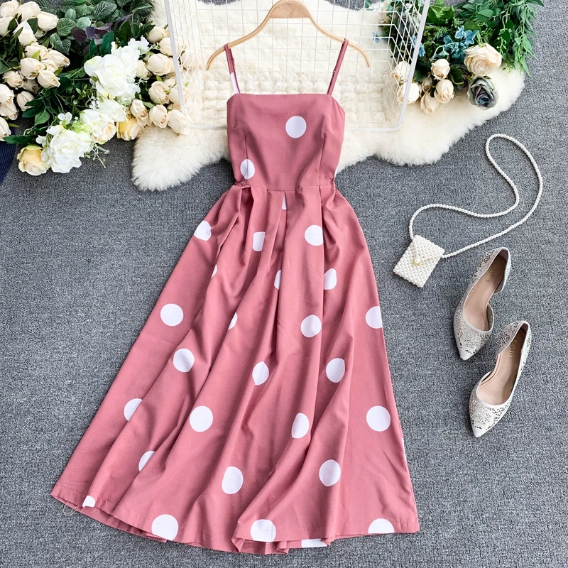 

Boho 1950s Vintage Summer Polka Dot Print Midi Long Dress Spaghetti Strap Women Bohemian Casual Retro Beach Holiday Vestidos