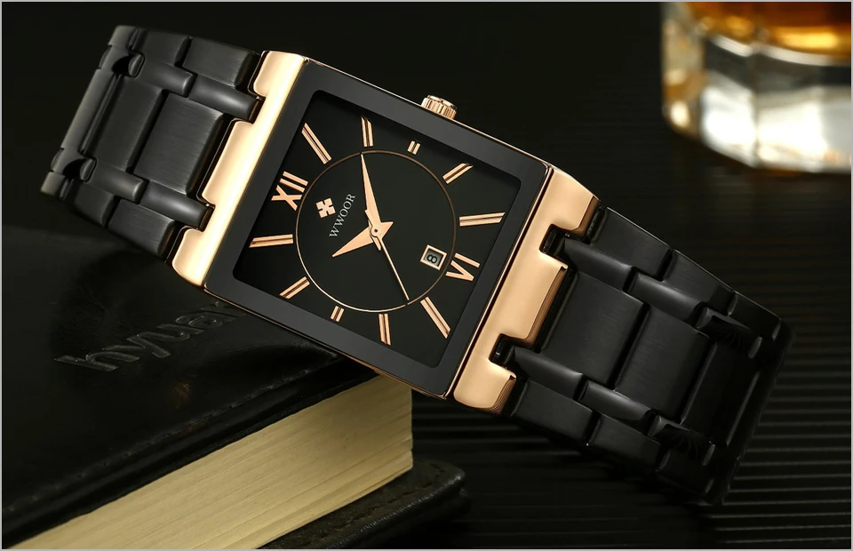 WWOOR мужские часы, квадратные кварцевые часы, мужские брендовые Роскошные водонепроницаемые часы, деловые наручные часы, мужские нарядные часы, черные, розовое золото