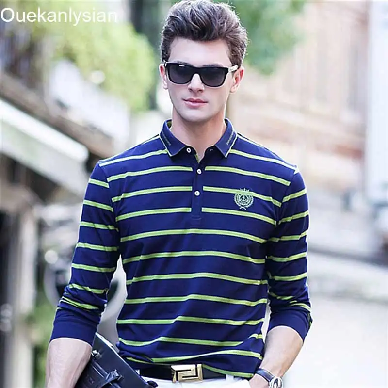 Ouekanlysian Fashion Long Sleeve POLO Shirts Men Thin Striped Fitness