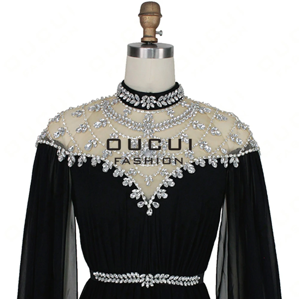 Kaftan Abiye Black 2019 Evening Dresses Long Sleeves Cap Beading Crystal Chiffon Formal Dress Women Elegant Vestido OL103163 Kaftan Abiye Black 2019 Evening Dresses Long Sleeves Cap Beading Crystal Chiffon Formal Dress Women Elegant Vestido OL103163